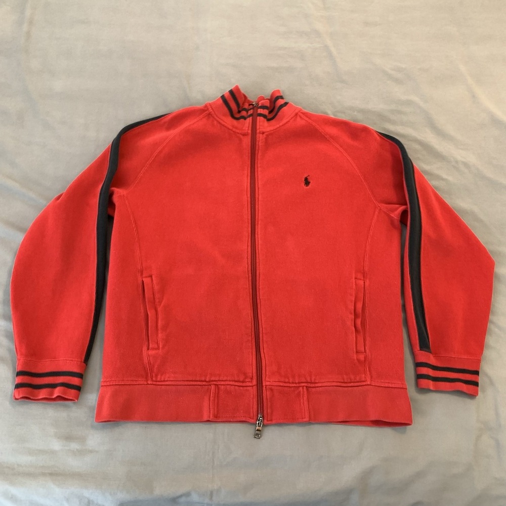 Polo Ralph Lauren Jacket Mens Large Red Cotton Track Full Zip Striped Athletic